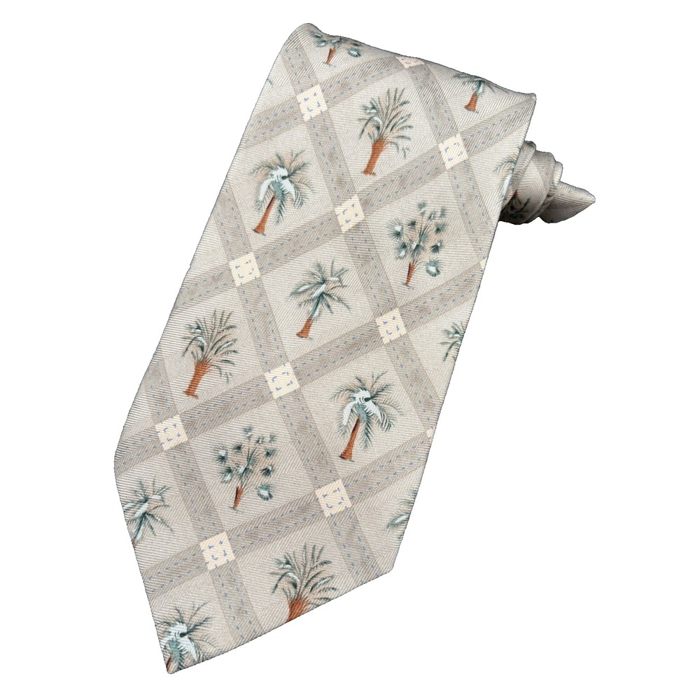 TOMMY BAHAMA Tie Men's 100% Silk Brown Green Strips Palm Trees Windy GUC